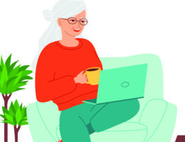 An illustration of a woman sitting in an armchair with a coffee mug and a laptop.